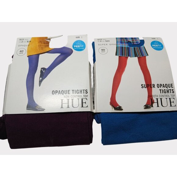 HUE Other - Hue Opaque Tights Perfit Lot 2 Size 1 XS S Blue Burgundy Opaque Wide Band USA